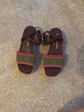 Kate Spade Highrise Spade Wedge Sandals in Pink and Green Mesh